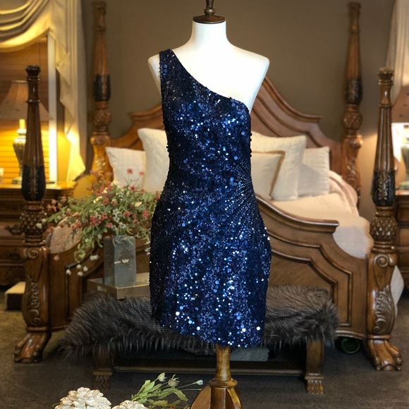 Scala Dresses & Skirts - Scala Navy Silk Sequin One Shoulder Dress Size 12